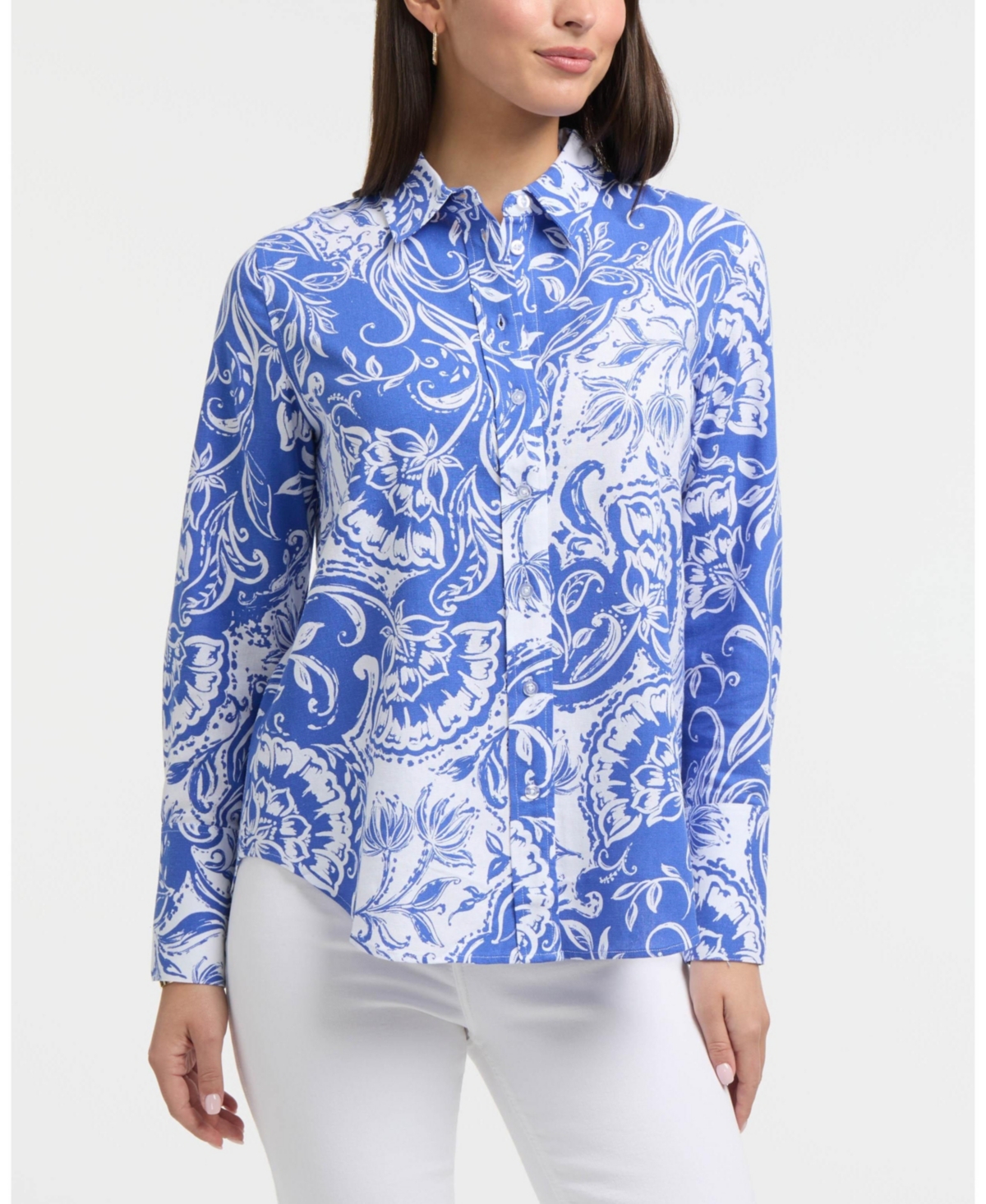 Women's Long Sleeve Linen Blend Shirt - Azure batik floral