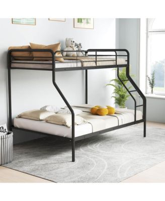 Twin over Full Metal Bunk Bed with Inclined Ladder Safety Guardrail, Slat Support