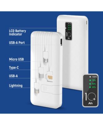 10,000mAh Rapid Charging Power Bank with LCD Battery Display, 4 Built-In Cables, and Phone Stand