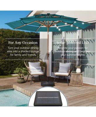 Woodgrain Pattern 10ft 3-Tier Solar Patio Umbrella w/ 24 LED Lights, Tilt