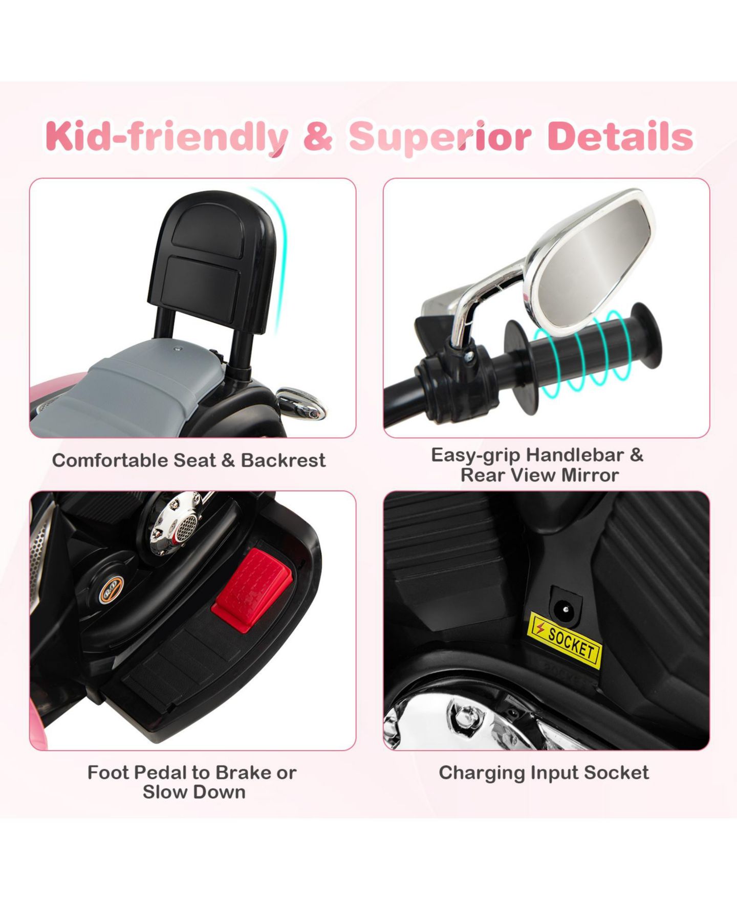 Детская игрушка Mecale 6V Powered 3-Wheel Chopper-Style Motorbike Ride-On, 36"L, Ages 3-6, цвет: Розовый — фото 7