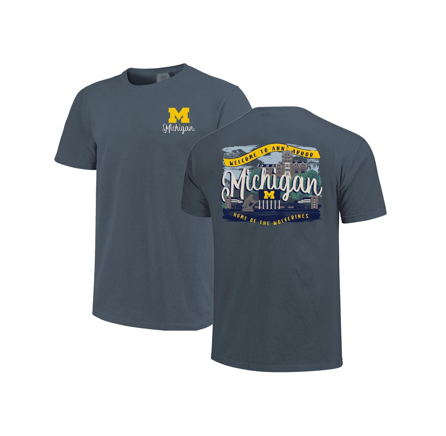 Women's Navy Michigan Wolverines Comfort Colors Campus Scene Drawing Script T-Shirt
