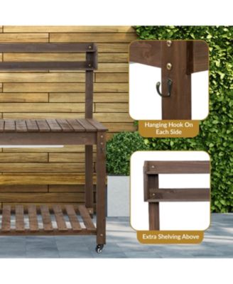 Wooden Wheeled Garden Potting Bench with Dry Sink, Storage Shelves, and Tool Hooks - Brown