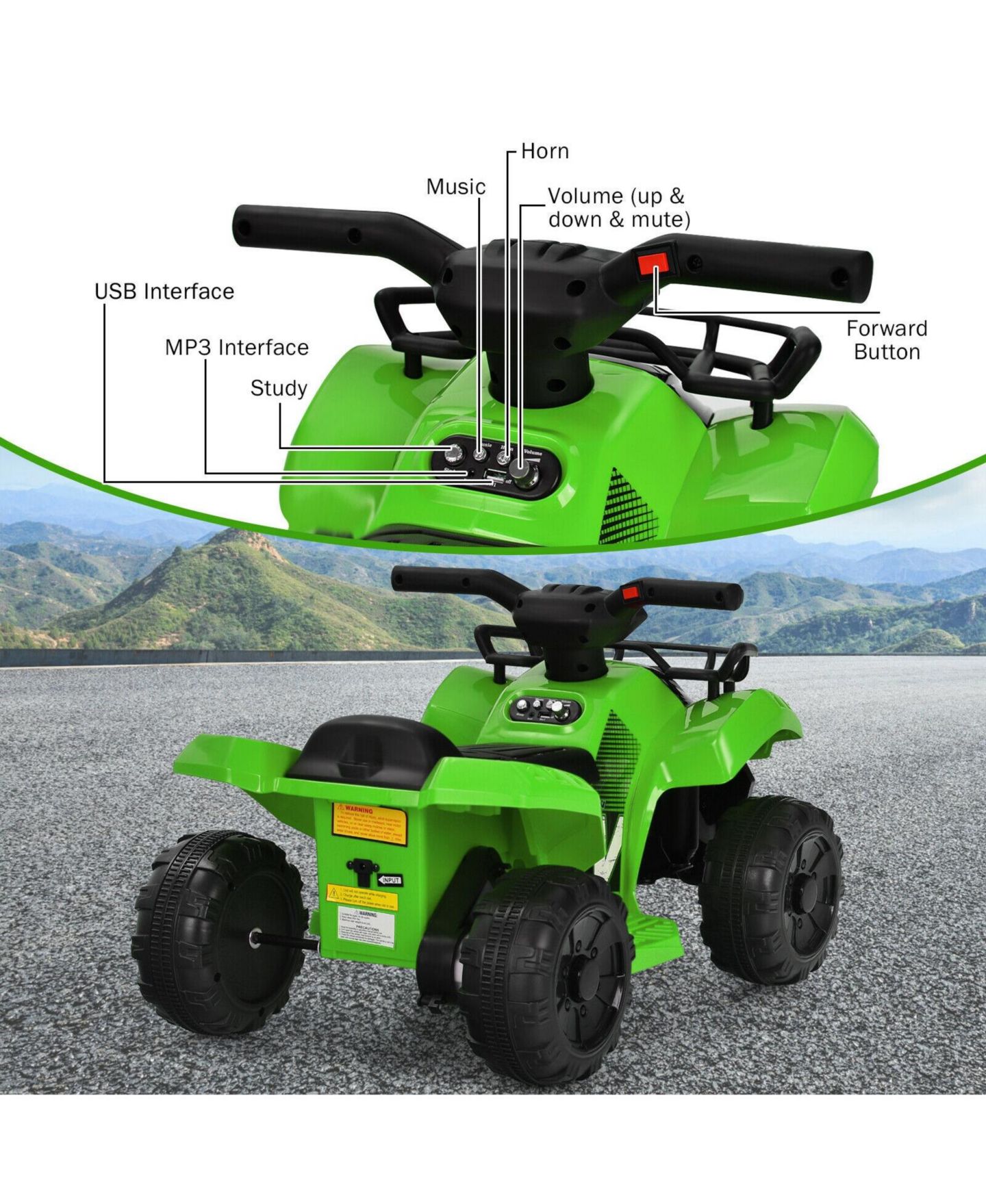 Детская игрушка Mecale 6V Kids ATV Quad Ride-On with LED Light and MP3 Player, 44 lbs Capacity, Ages 18 Months+, цвет: Зелёный — фото 6