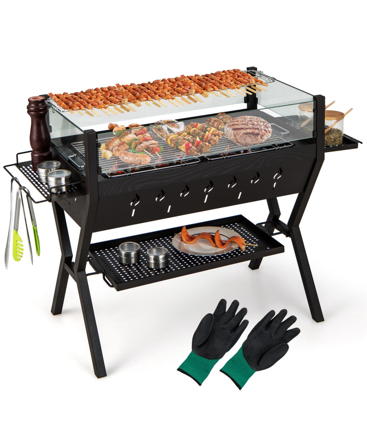Barbecue Charcoal Grills with Wind Guard Seasoning Racks - Black