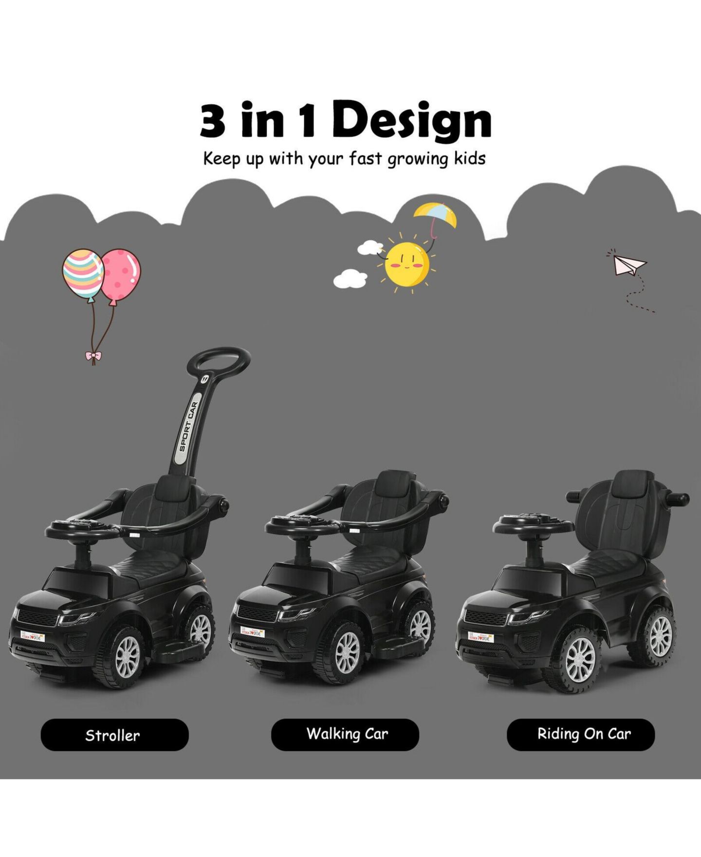 Детская игрушка Mecale 3-in-1 Ride-On Push Car with Music, 55 lbs. Capacity, Ages 1+, цвет: Чёрный — фото 6