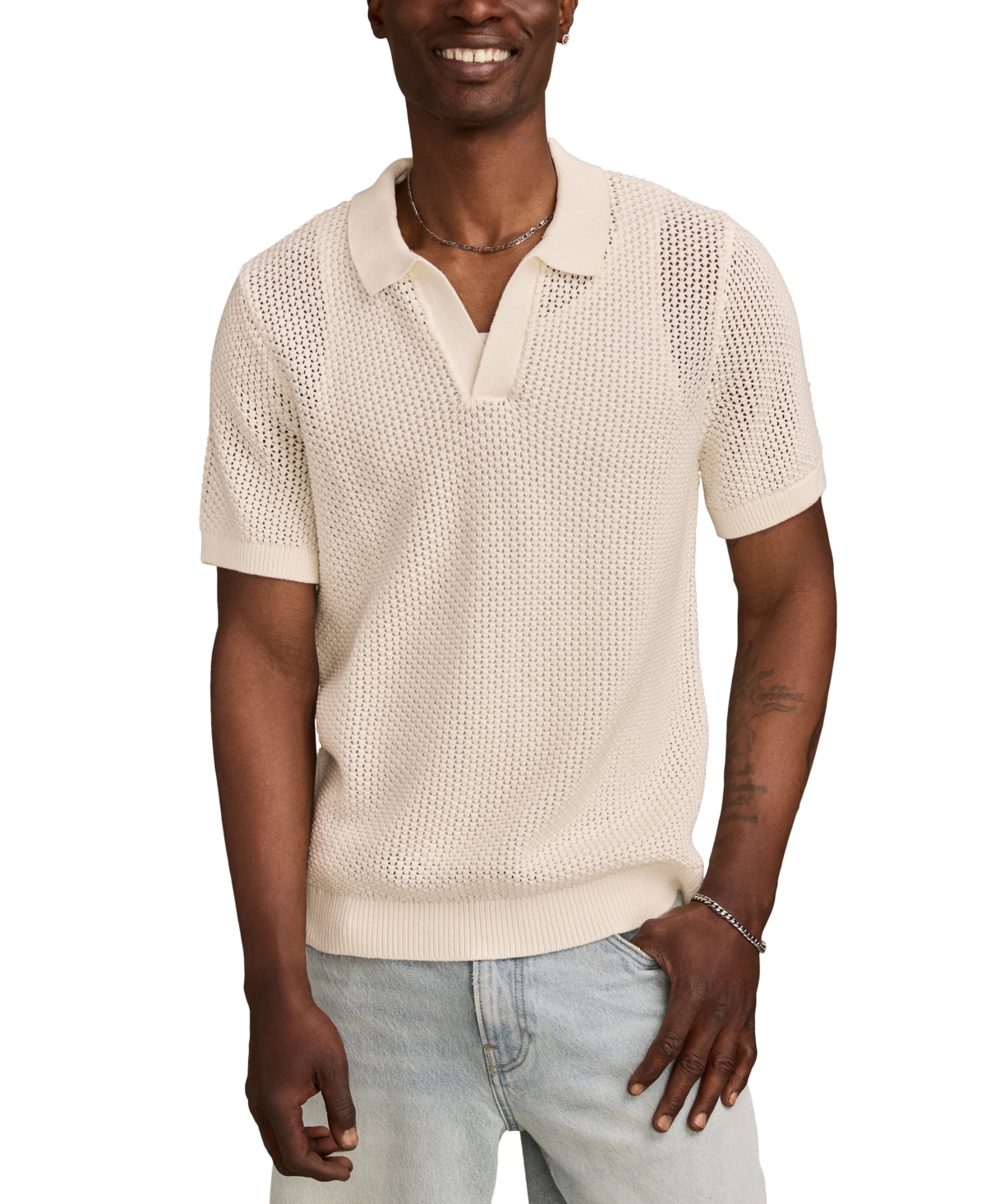 Men's Short Sleeve Pointelle Open Collar Polo Shirt - Tofu