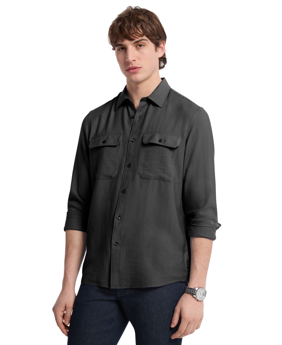 Мужская рубашка из крепа с длинным рукавом и двумя карманами на пуговицах спереди