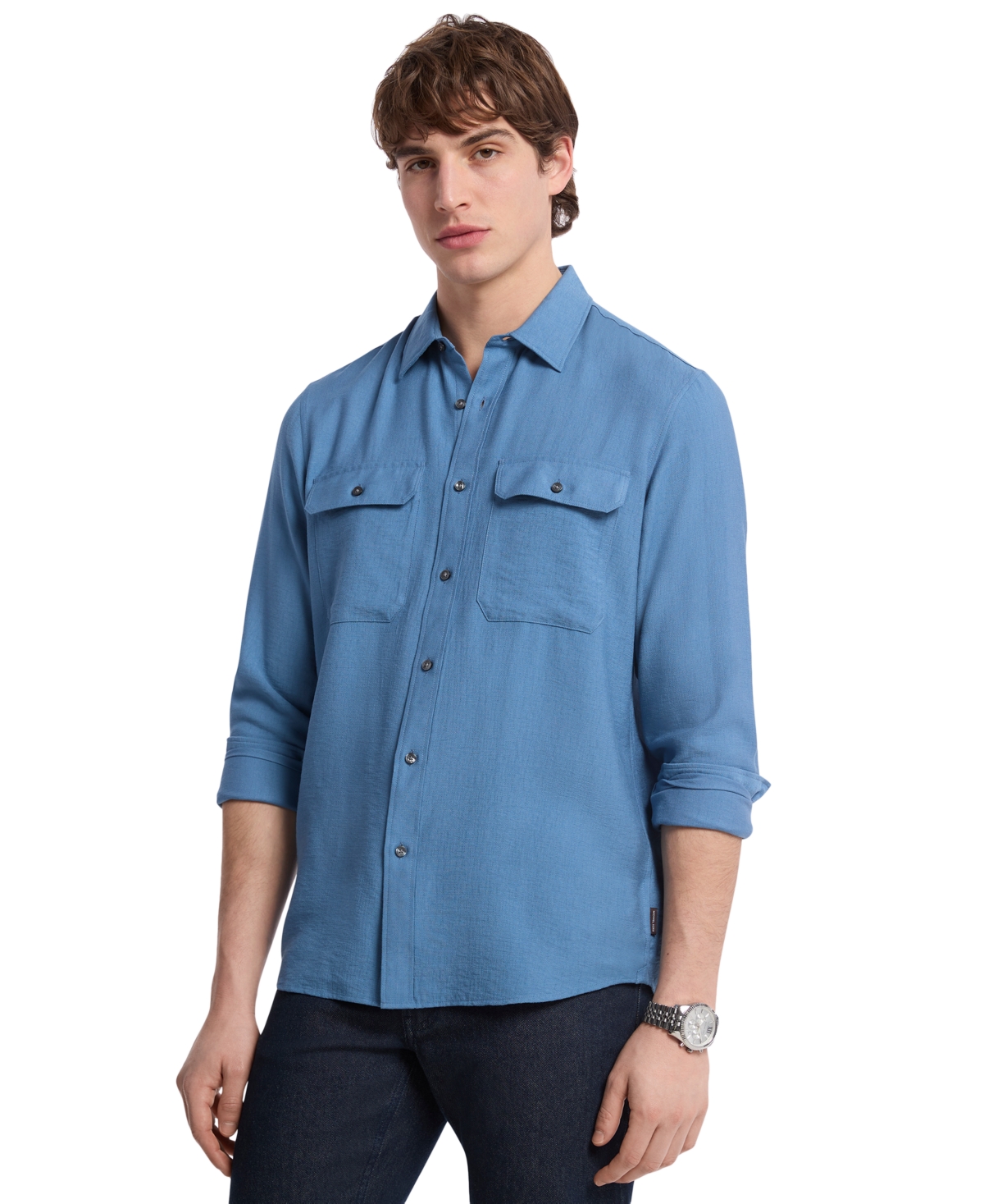 Men's Crepe Long Sleeve Two-Pocket Button-Front Shirt - Steel Blue
