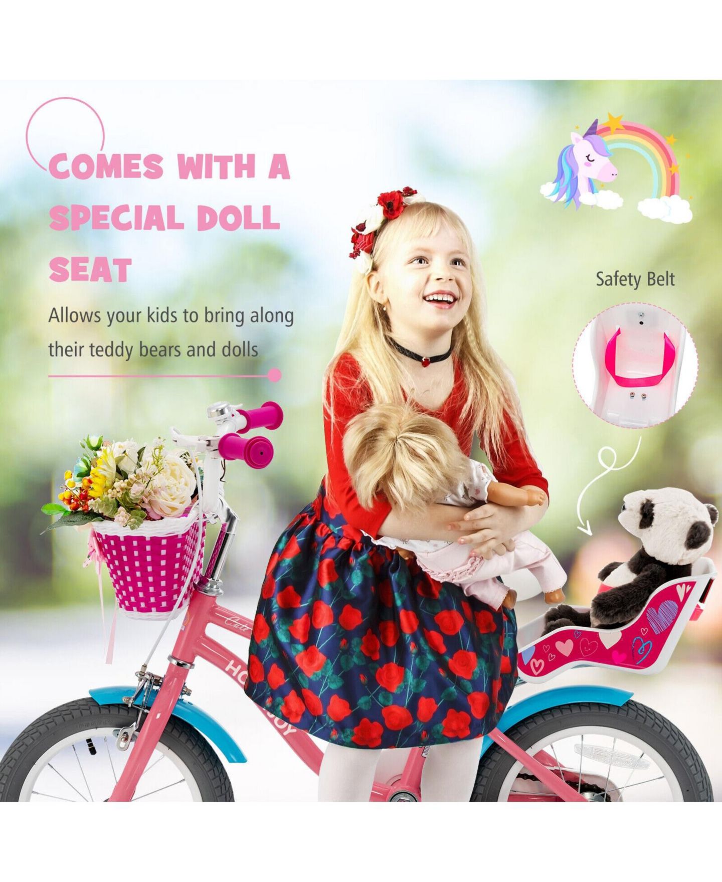 Детская игрушка Mecale Adjustable Kids' Bicycle with Training Wheels and Basket, Ages 3-9, цвет: Розовый — фото 5