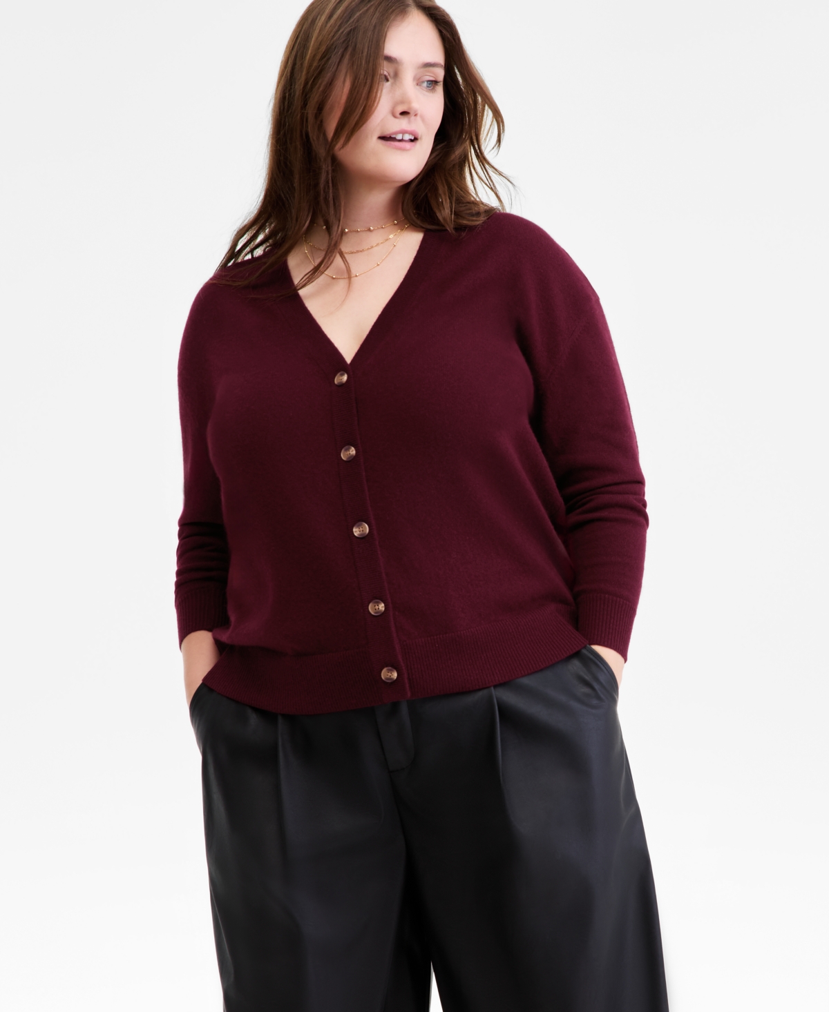Charter Club Plus Size 100% Cashmere Button-front Cardigan, Macy's Exclusive In Burgundy