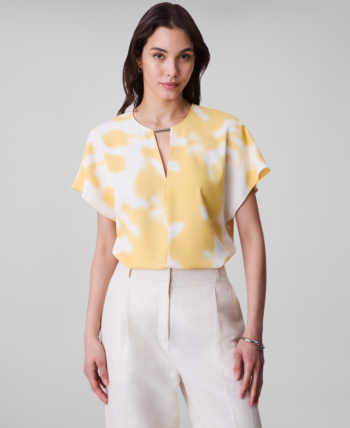 Women's Short Sleeve Printed Keyhole-Neck Blouse - Gold