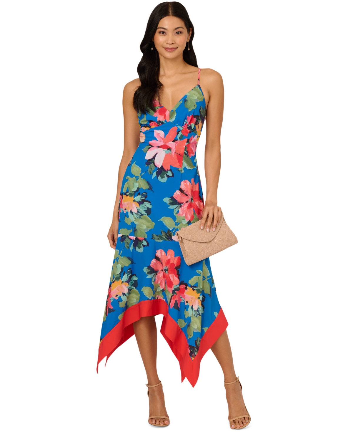 ADRIANNA PAPELL WOMEN'S FLORAL HANDKERCHIEF-HEM MIDI DRESS 