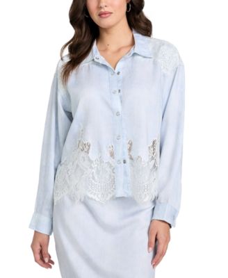 GUESS - Women's Evie Lace-Trim Chambray Shirt