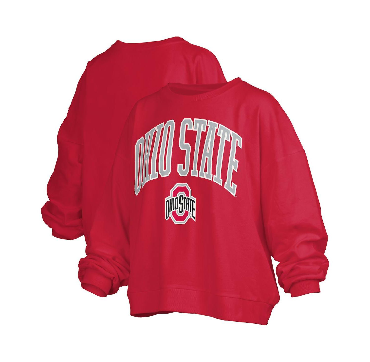 Women's Scarlet Ohio State Buckeyes Janise Arch Over Logo Waist Length Oversized Pullover Sweatshirt