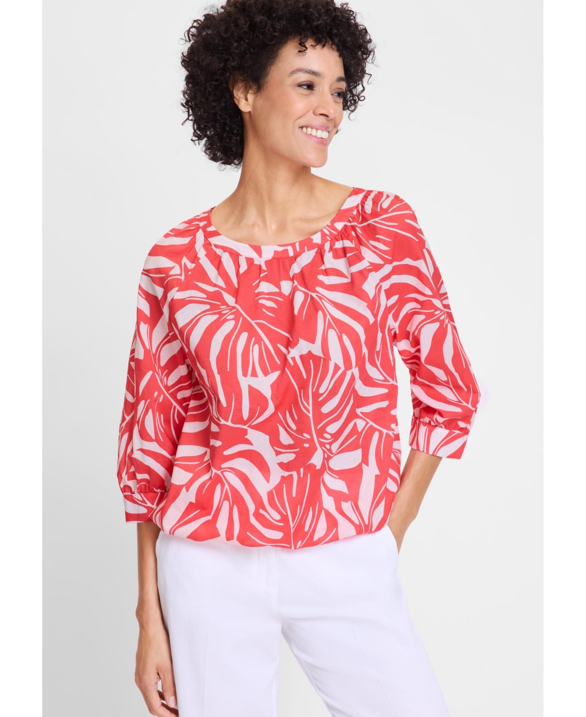 Women's Boat Neck Palm Statement Blouse - Misty rose