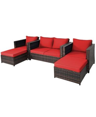 5PCS Outdoor Patio Rattan Conversation Sofa Furniture Set w/ Red Cushions