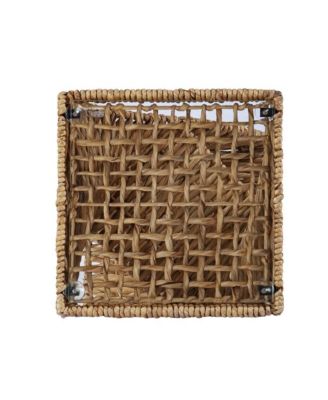 Square End Table with Rattan Swirl Design and Glass Top for Indoor Spaces