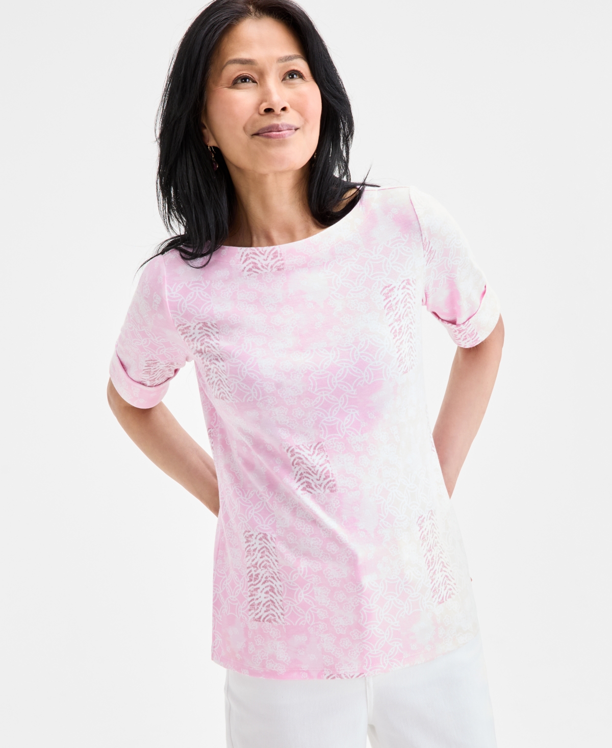 Women's Printed Boat-Neck Elbow-Sleeve Top, Exclusively at Macy's - Pink Rush Combo