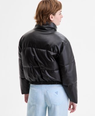 Juniors' Cropped Faux-Leather Puffer Coat