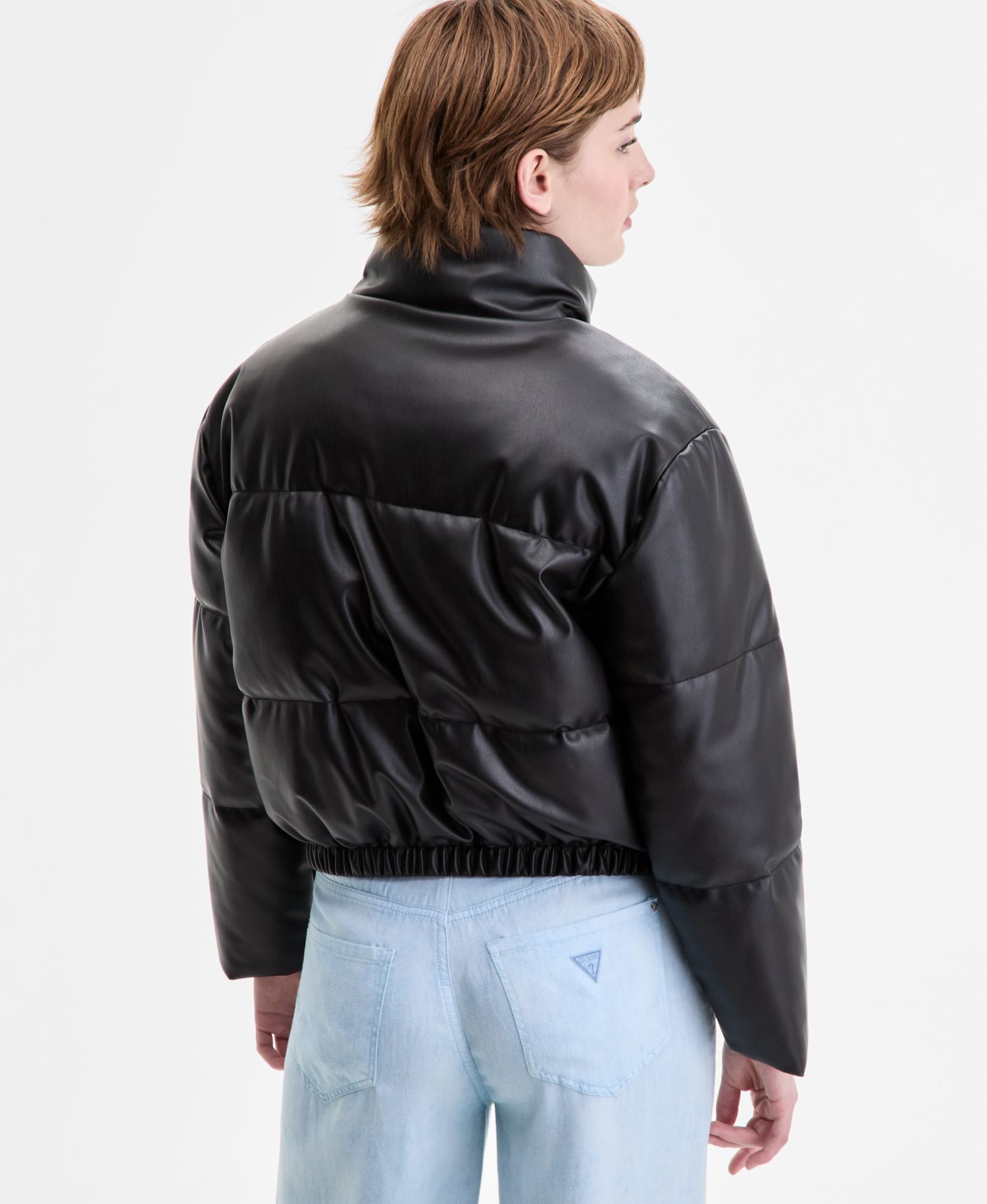 Juniors' Cropped Faux-Leather Puffer Coat