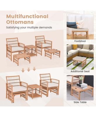 5 Piece Patio Rattan Wicker Conversation Set with 2-Tier Coffee Table & 2 Ottomans