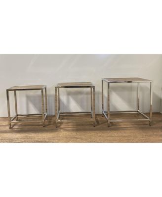 Set of Three 21" Silver And Brown Solid Wood Nested Tables