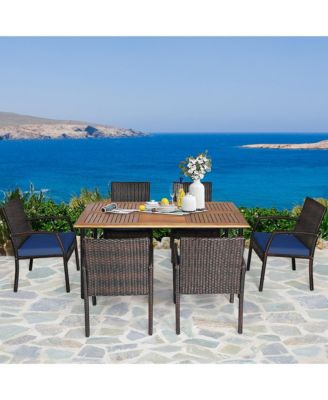 7PCS Patio Dining Furniture Set Yard w/ Wooden Tabletop Navy Cushions