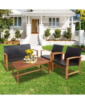 4PCS Outdoor Patio Rattan Furniture Set Acacia Wood Frame Sofa Loveseat Garden