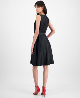 Women's Belted Soft Denim Sleeveless Fit & Flare Dress