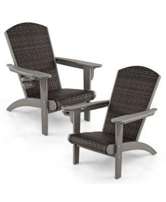 Set of 2 Adirondack Chair w/ Rattan Padded Seat & Back Wide Hidden Cupholder Patio