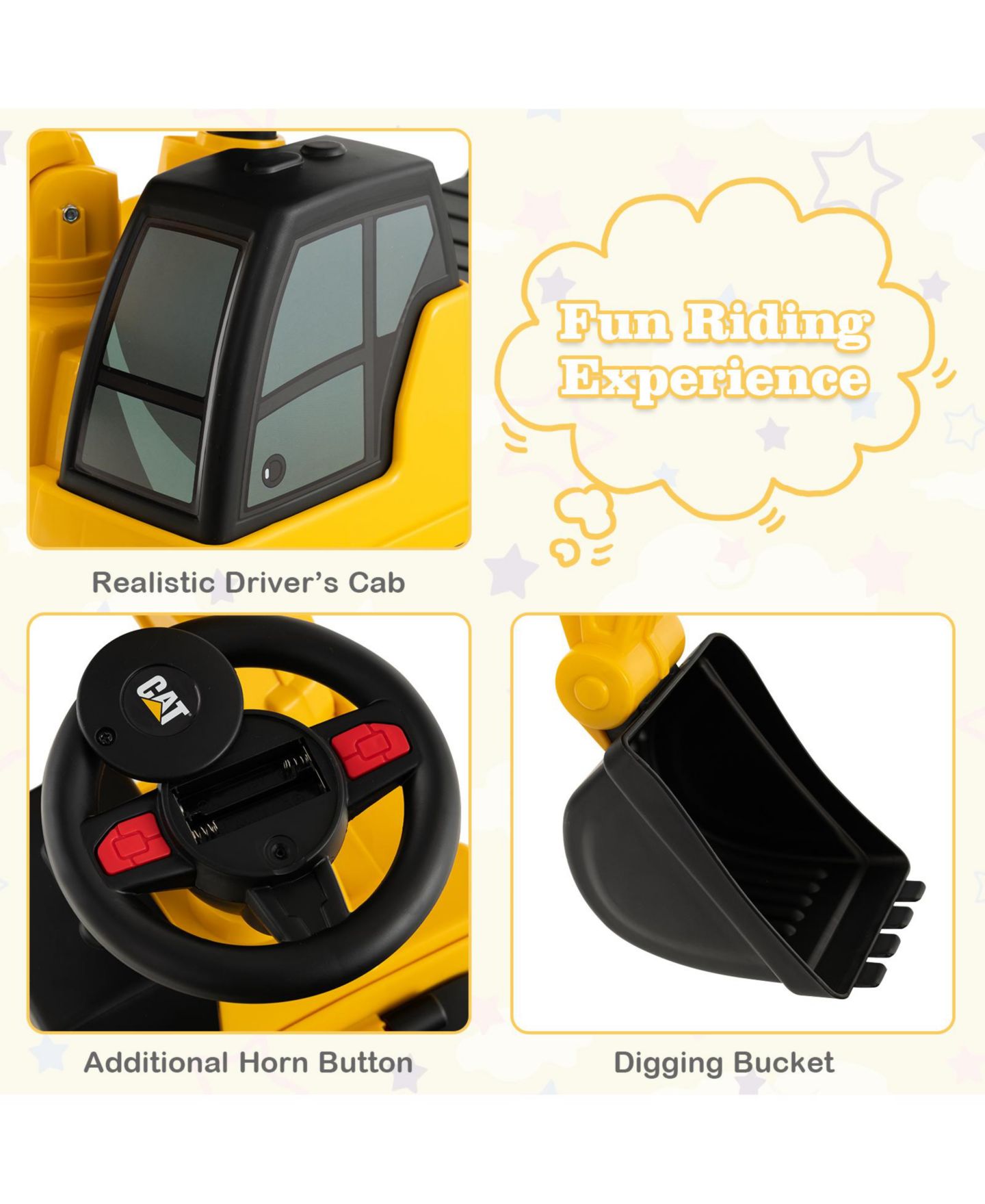 Детская игрушка Mecale Excavator, 29"L x 12"W x 21.5"H, Rotatable Digging Bucket, Ride-On Toy, 55 lbs Capacity, Ages 1+, цвет: Жёлтый — фото 8