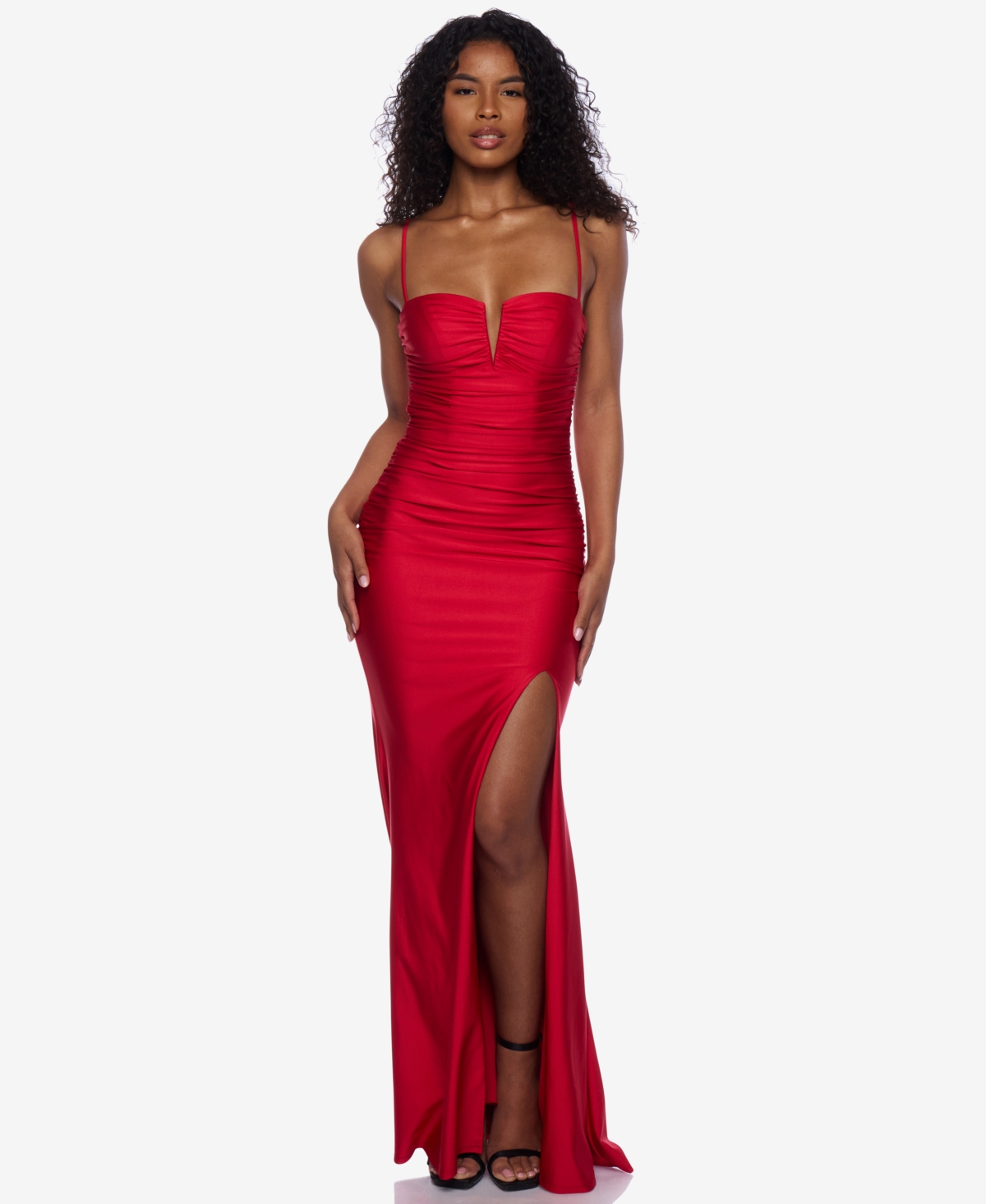 Juniors' Notch-Neck Ruched Slit-Front Gown - Red/gold