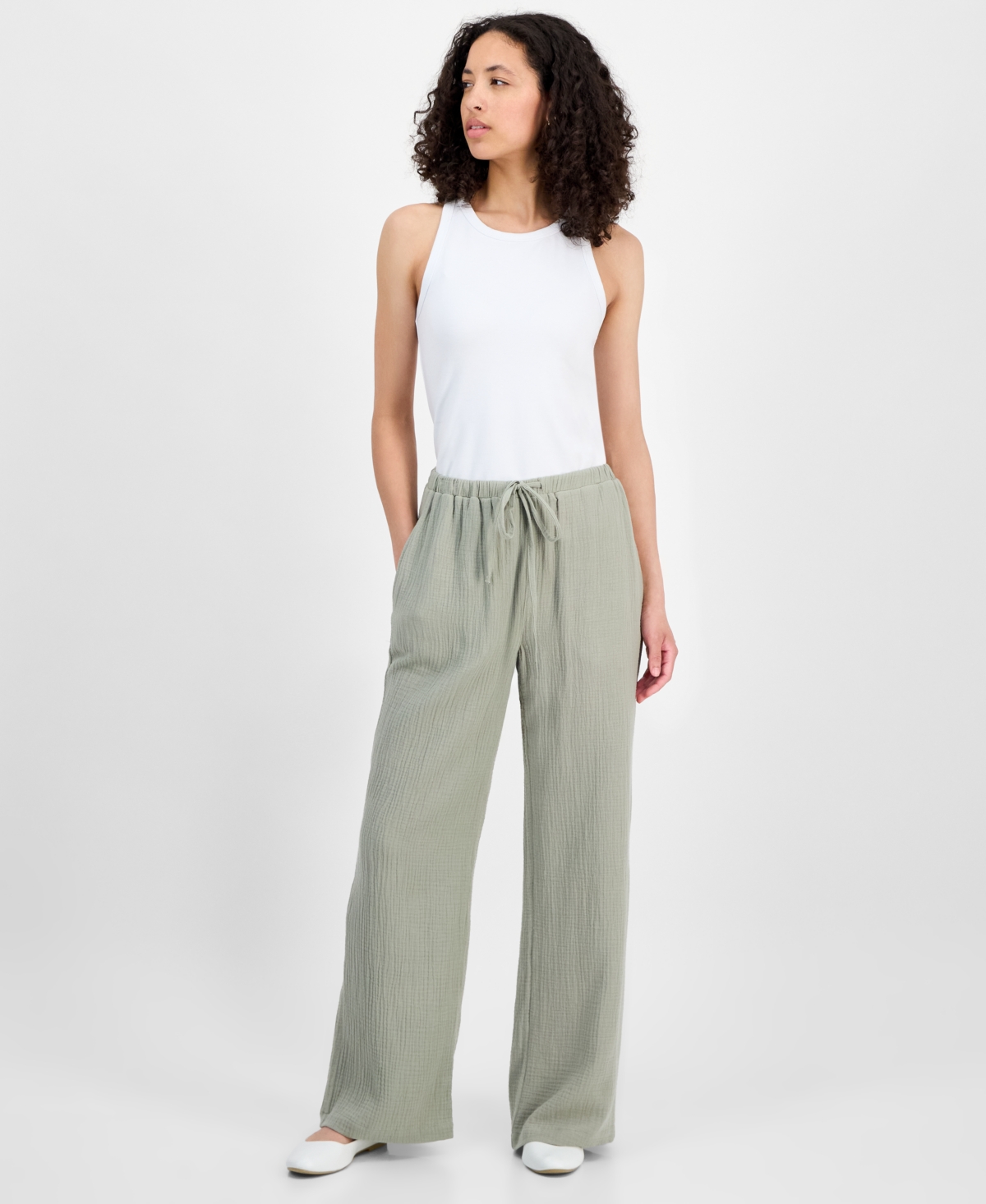 Juniors' High-Rise Wide-Leg Cotton Gauze Pants - Desert Sage