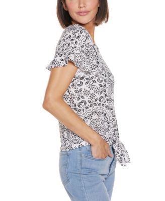 Women's Printed Eyelet Tie Front Knit Top