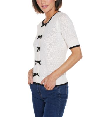 Women's Bow Detail Pointelle Short Sleeve Sweater