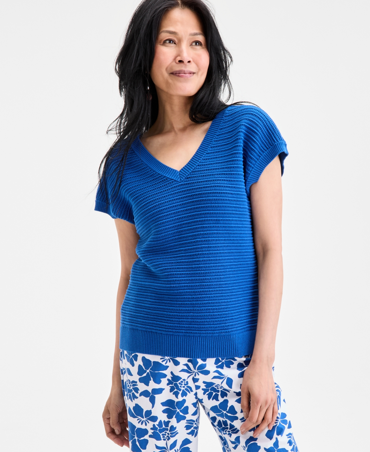Women's Cotton Rib-Knit Dolman-Sleeve Sweater, Exclusively at Macy's - Abyss Blue