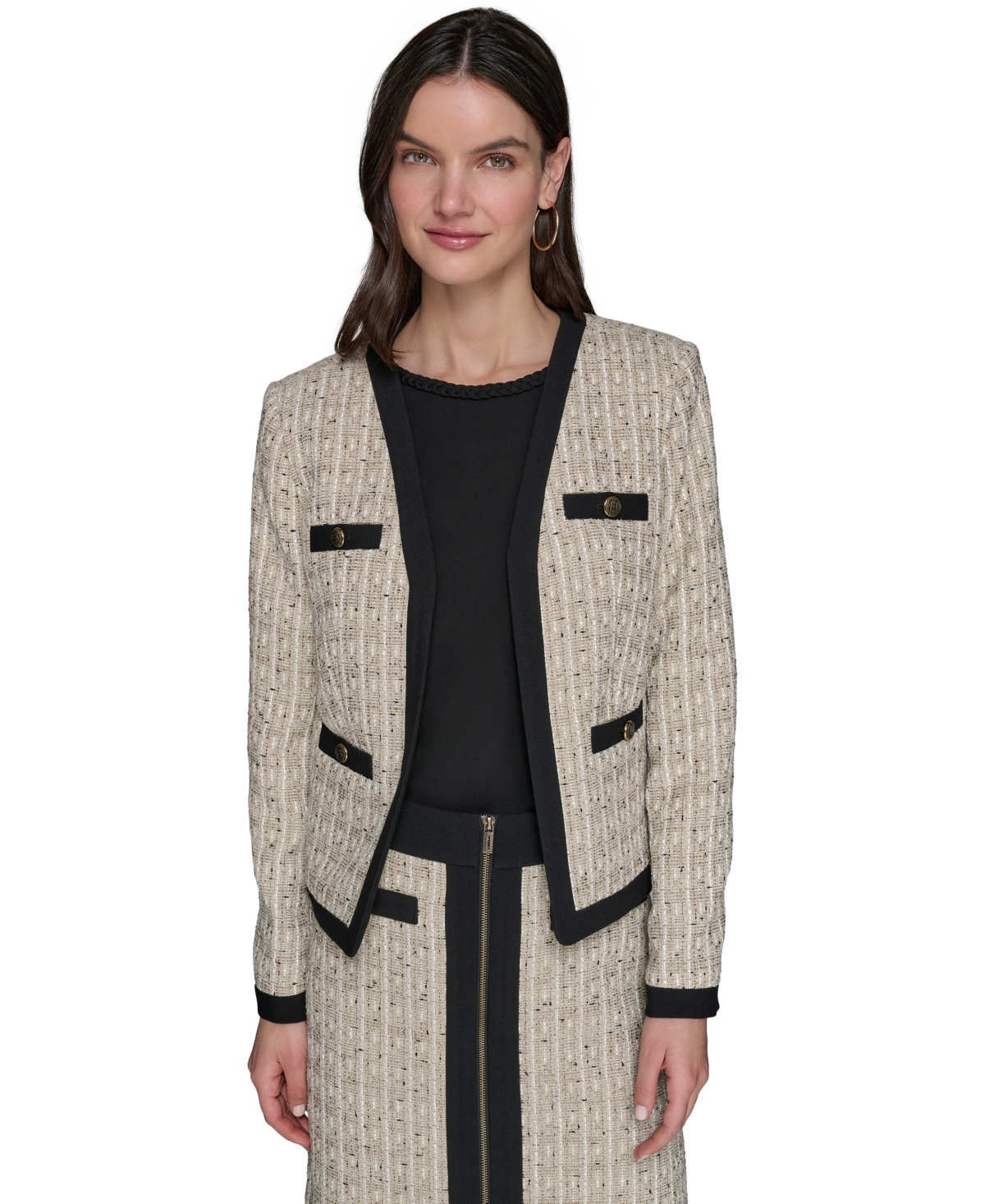 Women's Tweed Open-Front Framed Jacket - Truffle/ Oyster Gray Multi