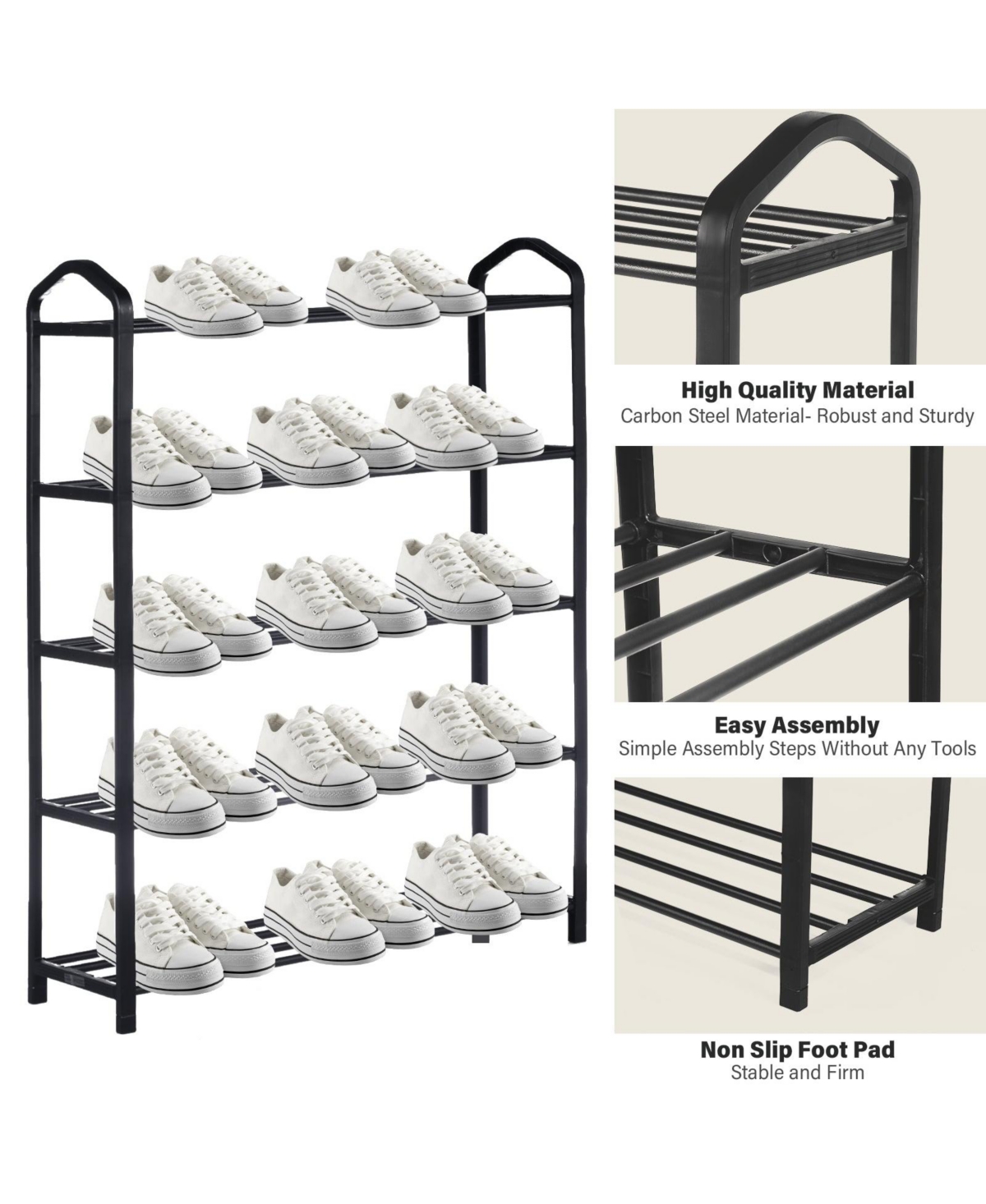 5-Tier Stackable Shoe Rack, 15-Pairs Sturdy Shoe Shelf Storage