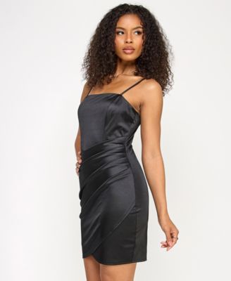 Juniors' Satin Wrap-Front Ruched Bodycon 