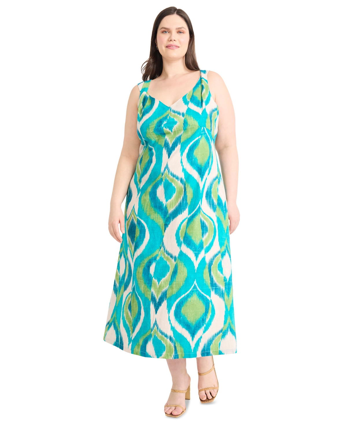 Plus Size Printed Double-Strap Midi Dress - Ivory/Aqua