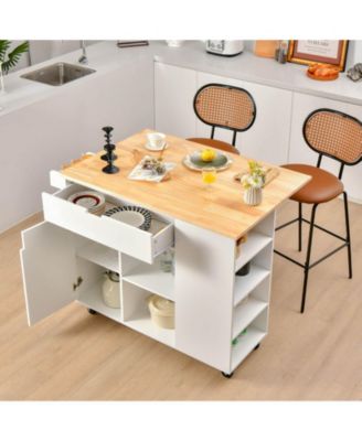 Drop-Leaf Kitchen Island with Rubber Wood Top