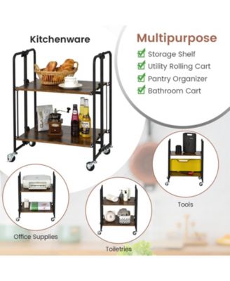 Folding Kitchen Utility Serving Island Cart with Storage Shelves