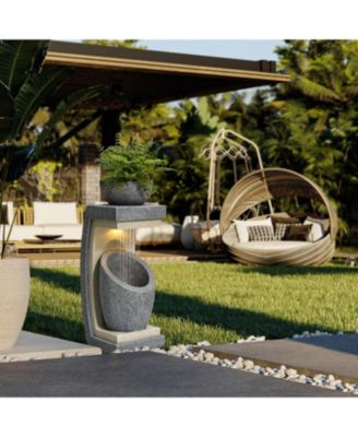 Gray Resin Column and Bowl Sculpture Outdoor Fountain with Lights