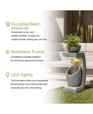 Gray Resin Column and Bowl Sculpture Outdoor Fountain with Lights