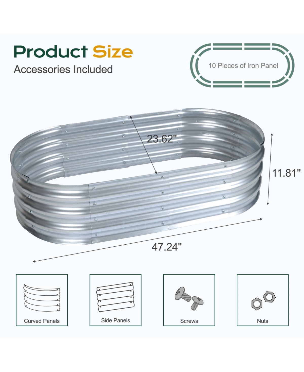 Aoodor Galvanized Raised Garden Bed Kit,47.24''(L) x 23.62''(W) x11.81''(H) Outdoor Garden Planter Oval Large Boxes for Vegetables, Flowers, Herbs