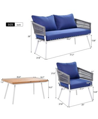 Outdoor  4-Piece Boho Rope Patio Furniture Set with Acacia Wood Table, Patio Conversation Set with Deep Seating & Thick Cushion
