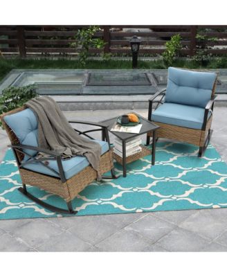 Outdoor Patio Furniture Sectional Sofa Set,3-Piece Outdoor Rattan Rocking Chair Set with Cushion, Table