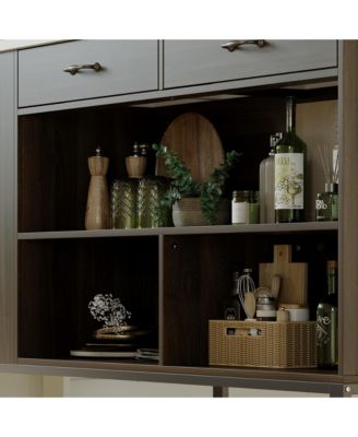 Kitchen island with 2 drawers, iron feet, island storage table with dining table, coffee station and microwave rack for home, dining room, marble and wood grain, wooden