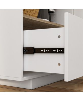 kitchen island with 2 doors, 1 drawer, dining table, coffee station & microwave rack—white wooden design for home or dining room.